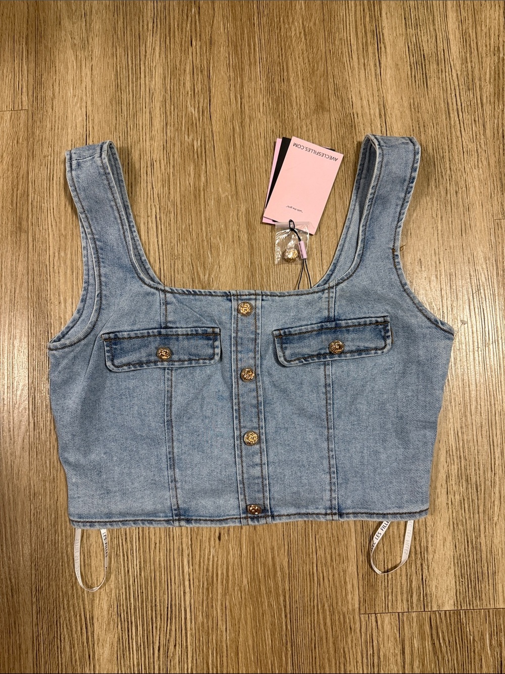 Avec Les Filles Denim Crop Tank Top with Button Front L